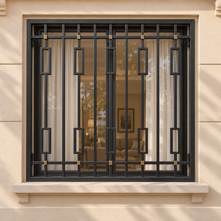 حماية شباك حديد بتصميم هندسي على واجهة بيج